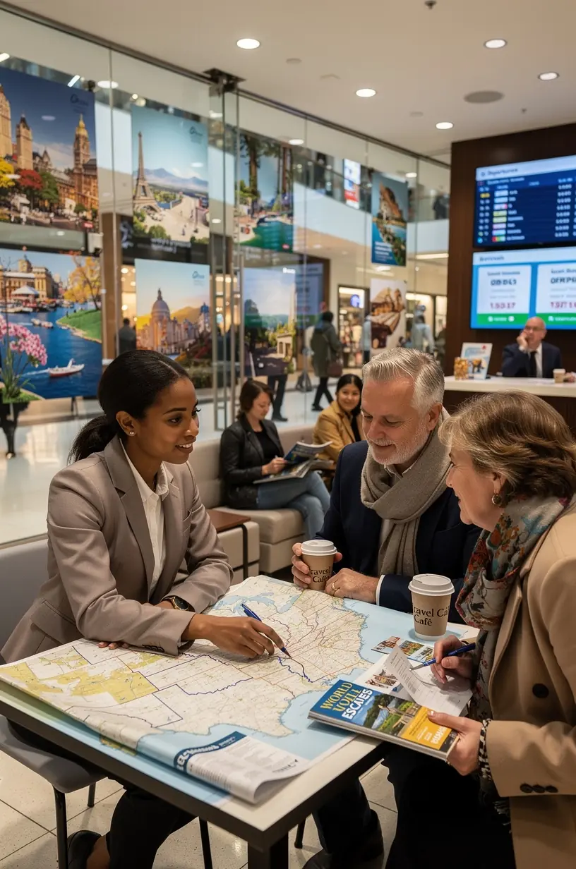 Эксперт в студии планирования путешествий демонстрирует клиенту лучшие варианты отдыха и экскурсионных маршрутов.